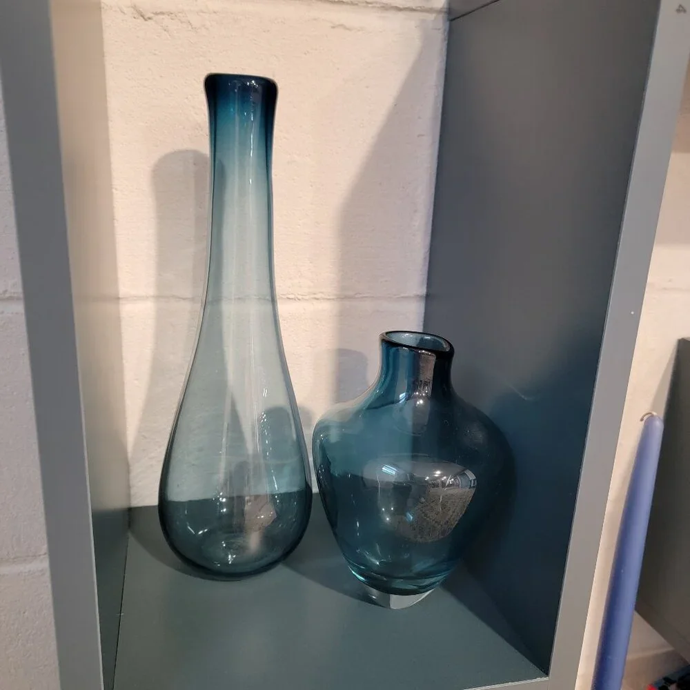 Set of 2 - Blue Glass Vase. Art Deco. 12